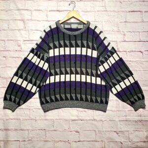 VTG Area By Tag Sweater‎ Mens Large Gray Purple White Knit Pullover Casual 90s